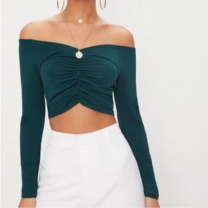 Pretty Little Thing Ruched Front Long Sleeve Green Crop Top Size 2 NWT